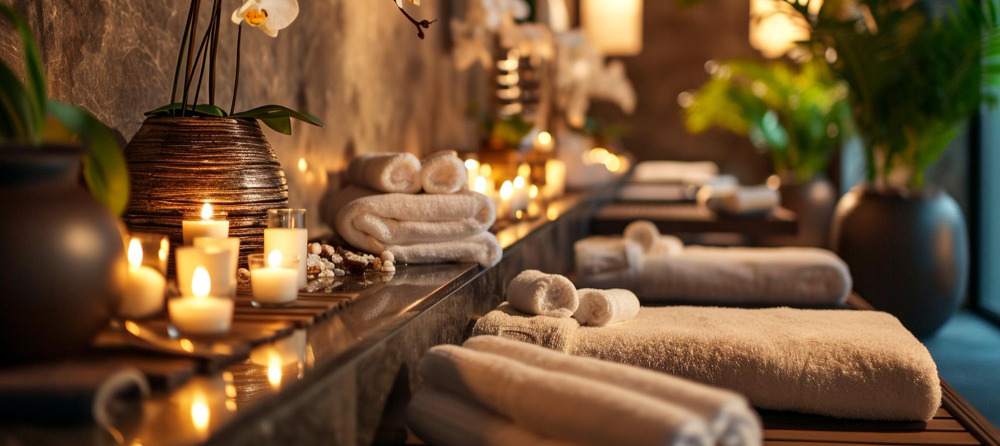 Liniște profundă într-un decor de spa luxos, cu prosoape moi, lumini calde de lumânări și orhidee delicate.