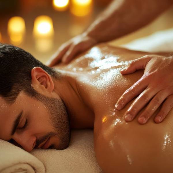 Spa procedure. A man is getting a massage. A relaxed man is getting a massage in a spa.